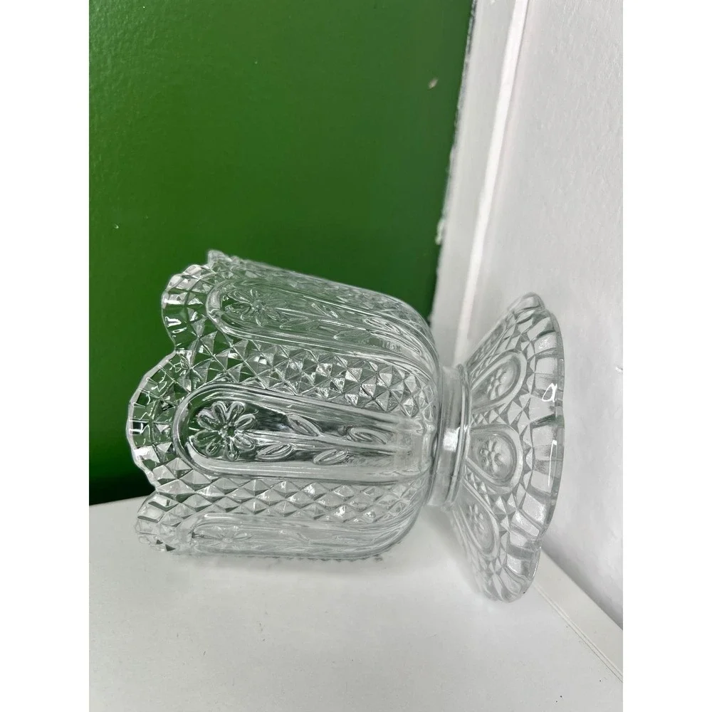 Vintage Pressed Clear Glass Floral Diamond Pedestal Votive Candle Holder Vase